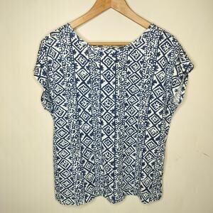 Chaps T-Shirt Blue Print Cotton Short Sleeve Tie Back